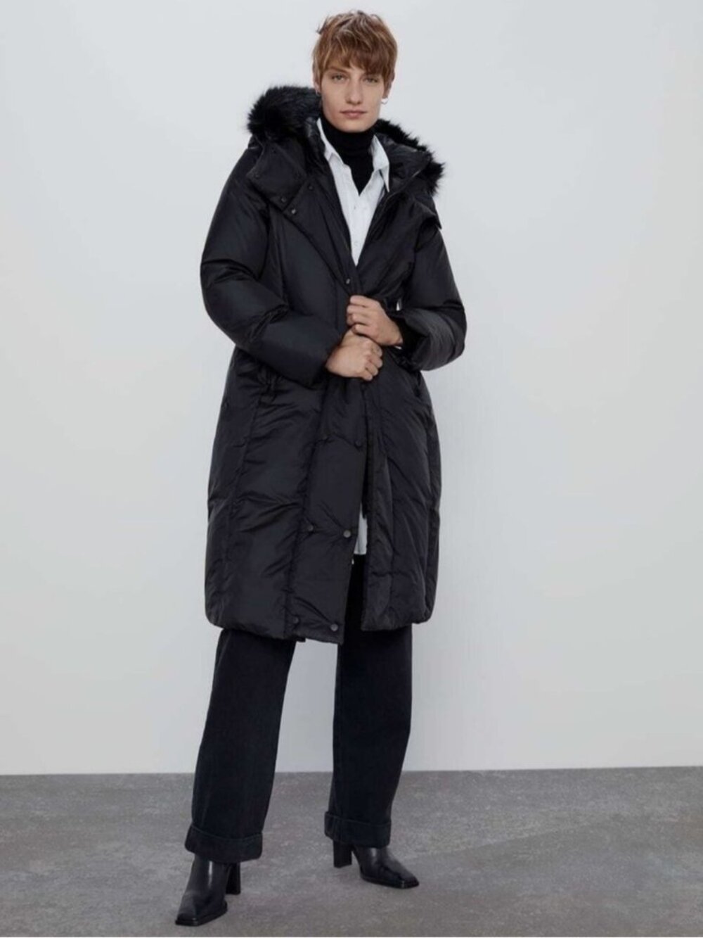 Zara Long Black Puffer Coat Faux Fur Trim Hood XS